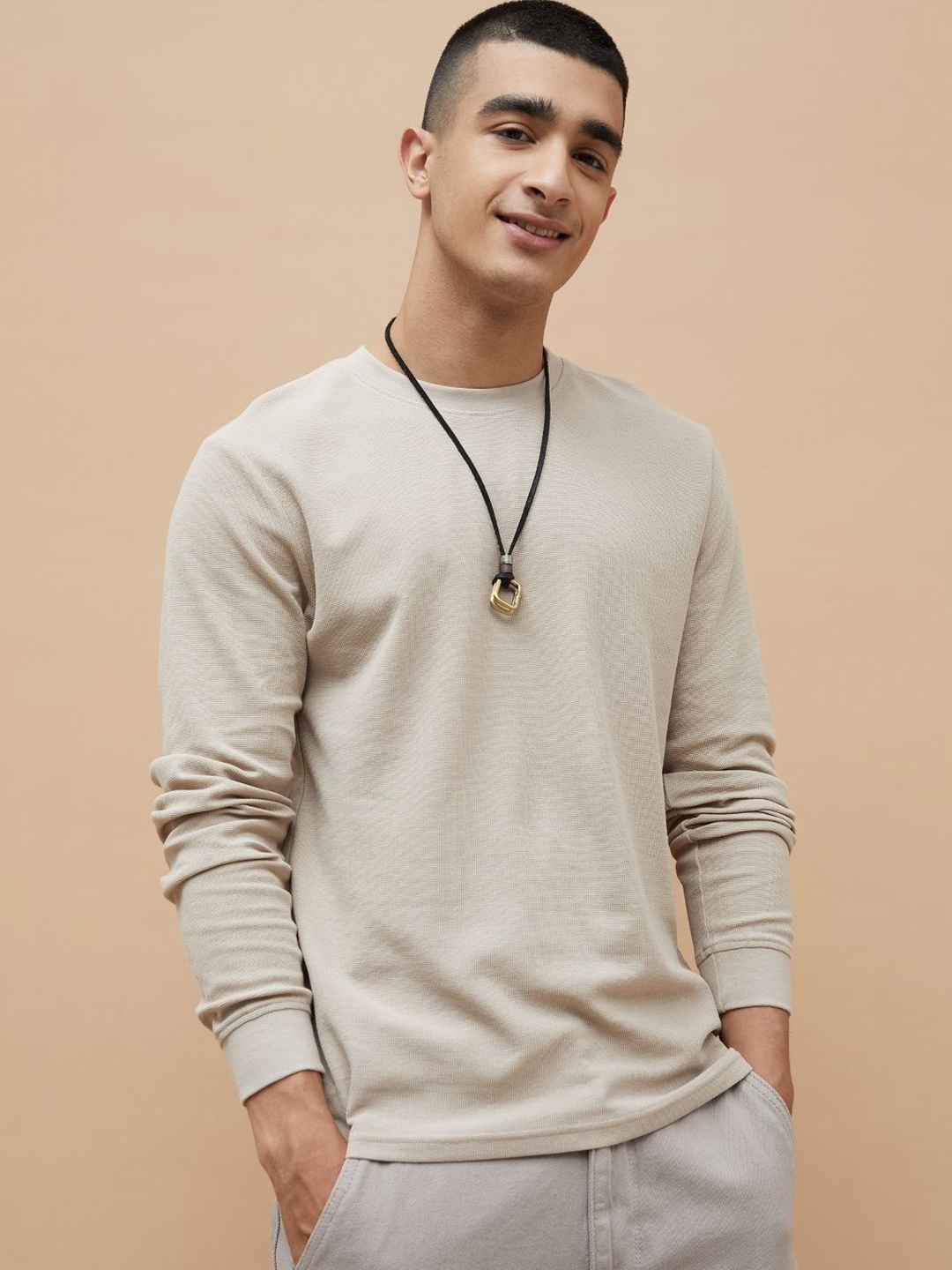 

Fame Forever by Lifestyle Men Solid Round Neck Cotton T-shirt, Beige