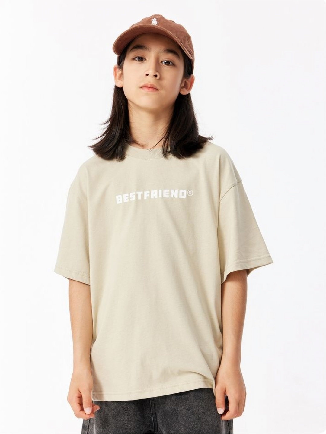 

LULU & SKY Girls Typography Printed Round Neck Cotton Oversized T-shirt, Beige