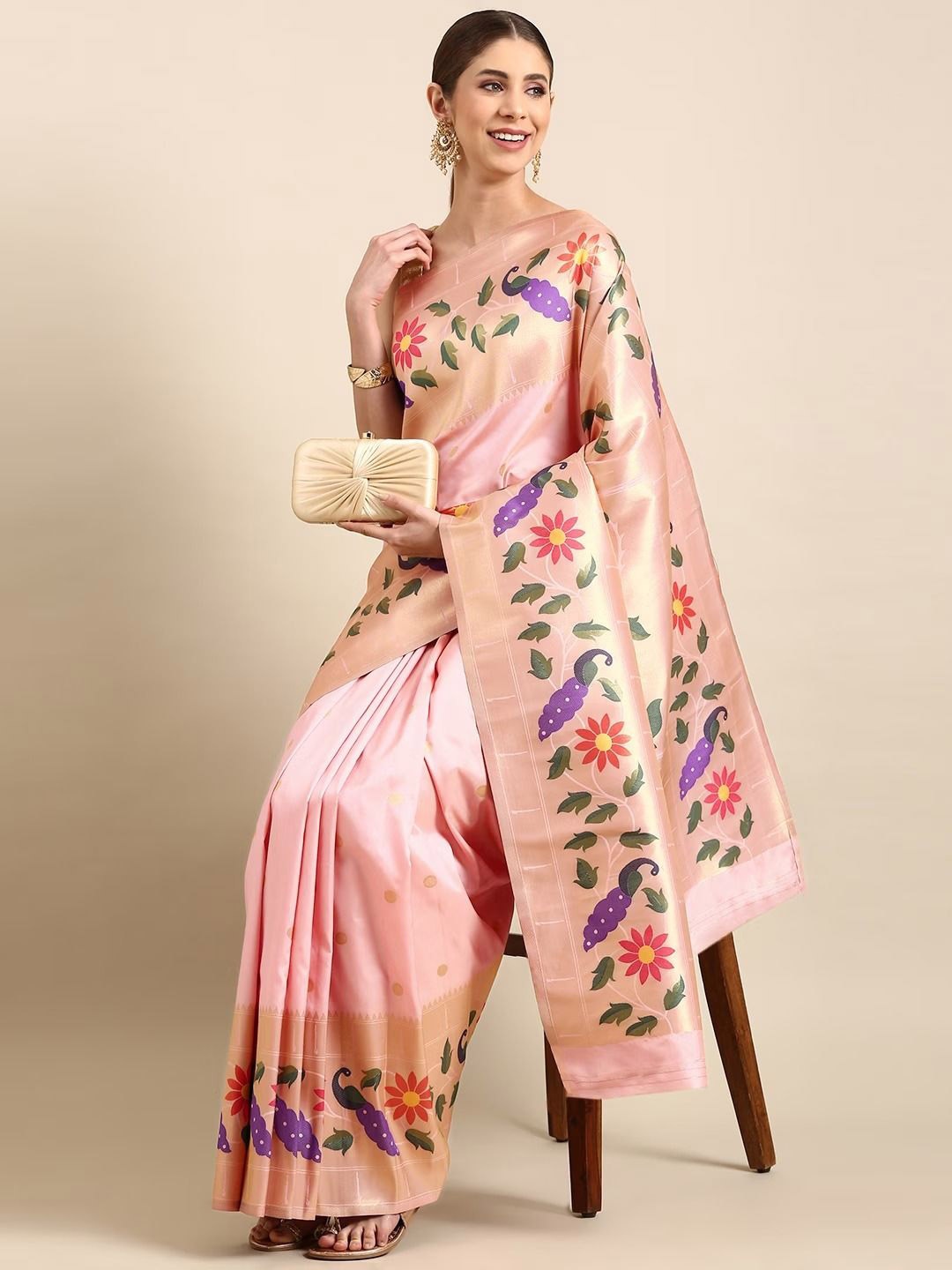 

DIVASTRI Woven Design Zari Silk Blend Paithani Saree With Unstitched Blouse Piece, Pink