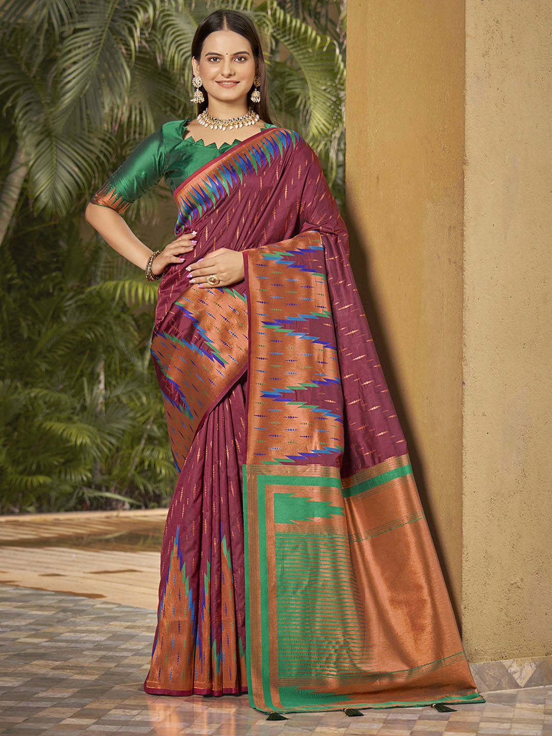 

SAREETHNIC Woven Design Zari Pure Silk Paithani Saree, Maroon