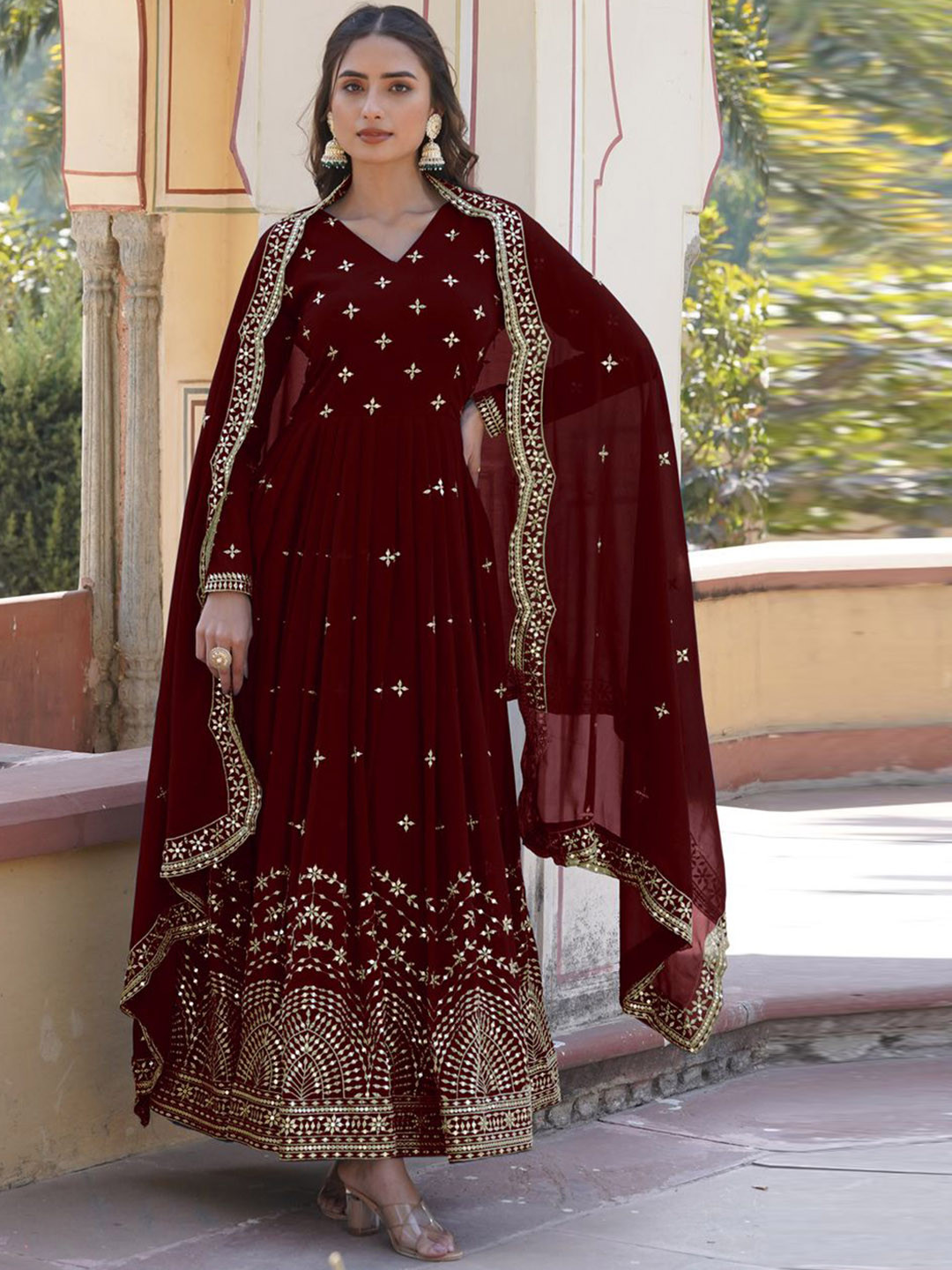 

KALINI Embroidered Thread Work Anarkali Fit & Flared Ethnic Dresses With Dupatta, Maroon