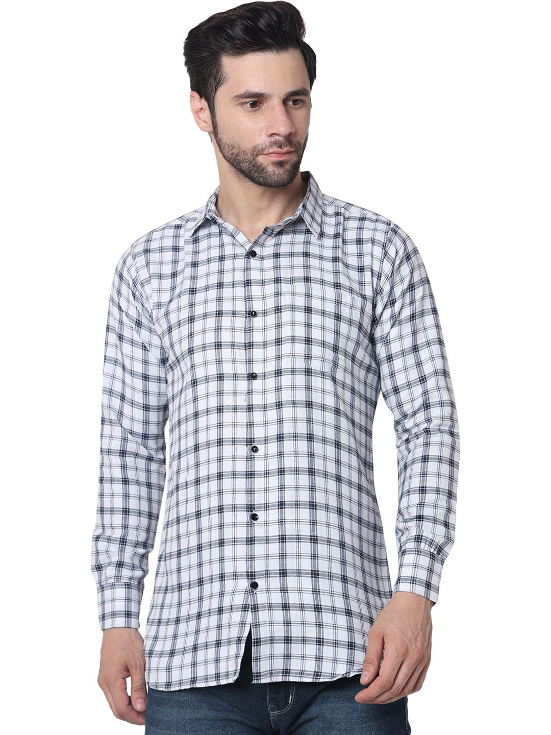 

iCome Men Spread Collar Checked Casual Shirt, White