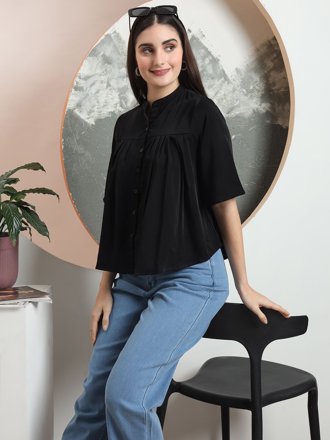 

all about you Women Band Collar Solid Casual Shirt, Black