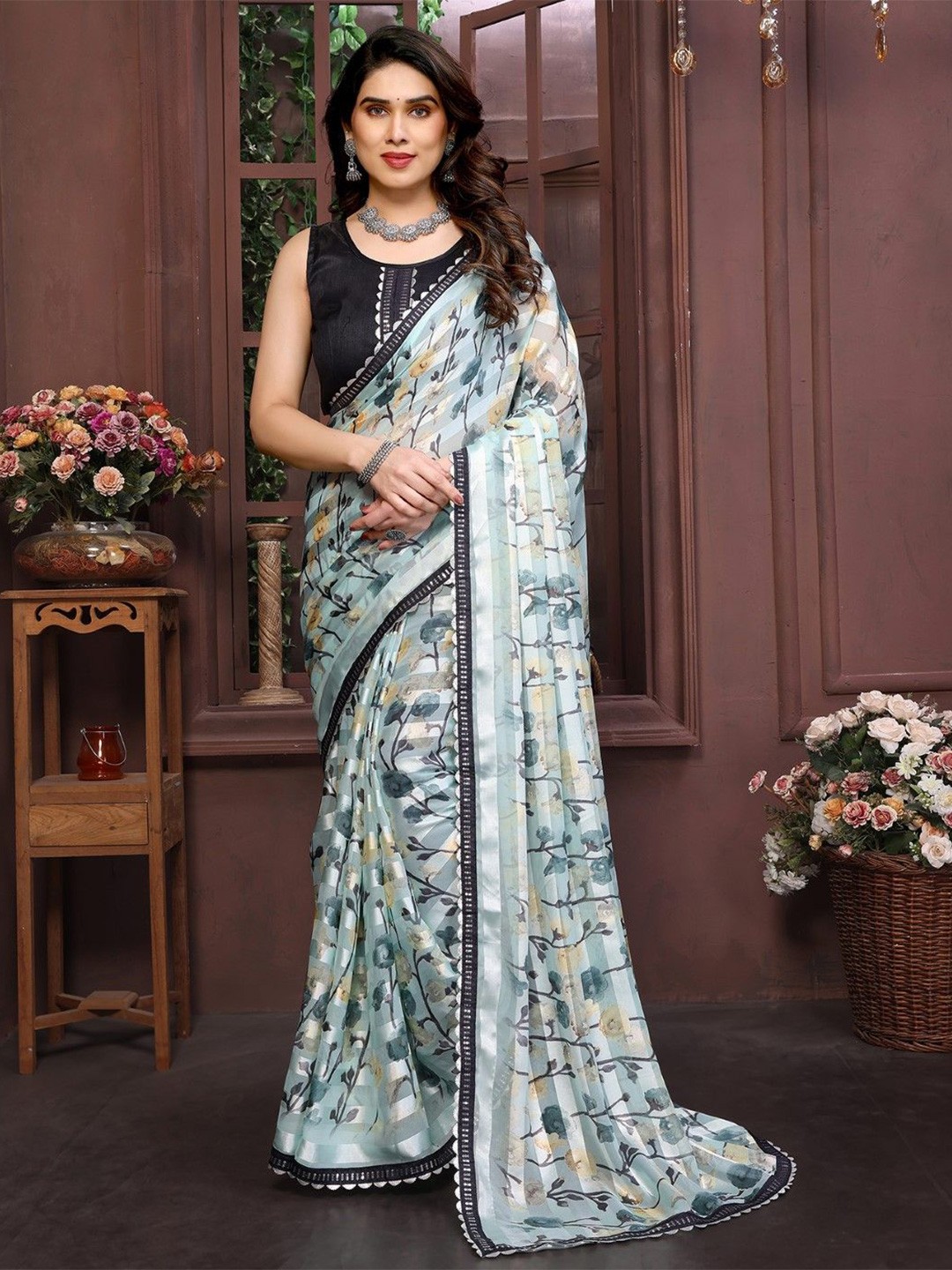 

KALINI Floral Sequinned Satin Saree With Blouse Piece, White