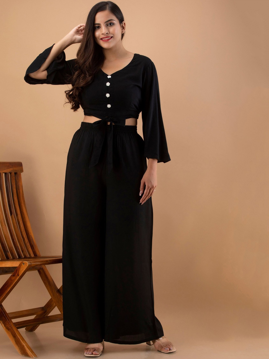 

GORDHAN V-Neck Crop Top With Palazzos, Black