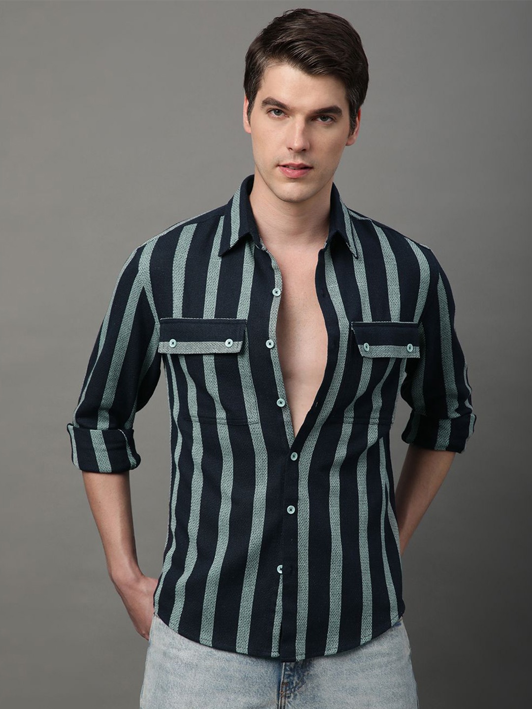 

Metronaut Men Semi Sheer Striped Casual Shirt, Navy blue