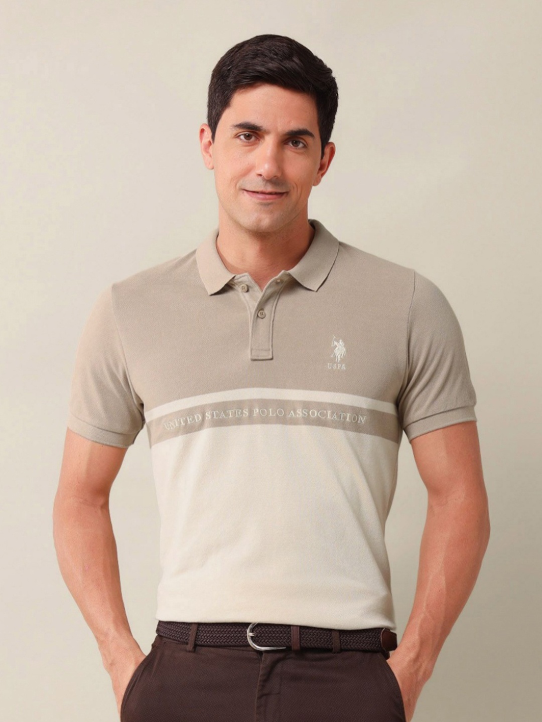 

U.S. Polo Assn. Men Colourblocked Polo Collar Cotton Slim Fit T-shirt, Brown