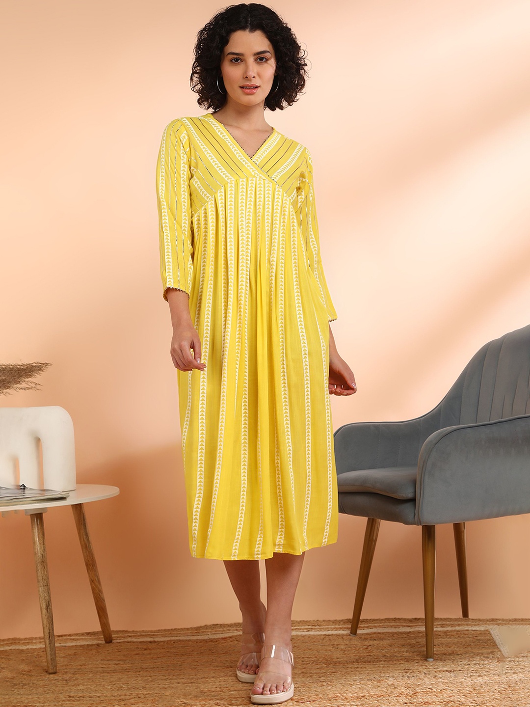 

Maaesa Women Flared Viscose Rayon Flared Yellow Dress