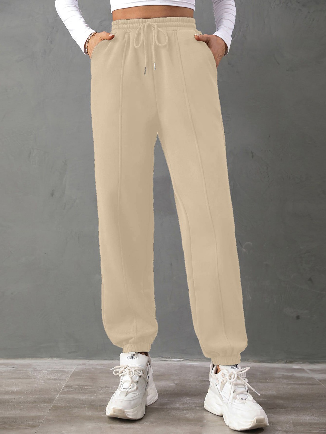 

CORSICA Women Loose Fit High-Rise Drawstring Joggers Trousers, Beige