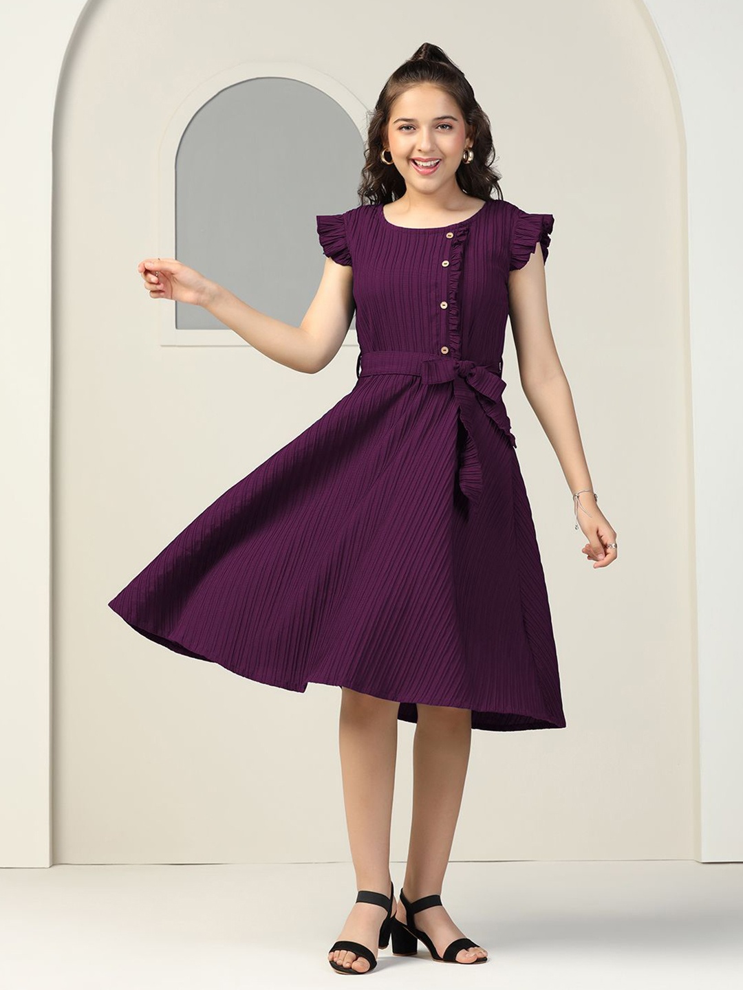 

YK Girls Flutter Sleeve Fit & Flare Dress, Purple
