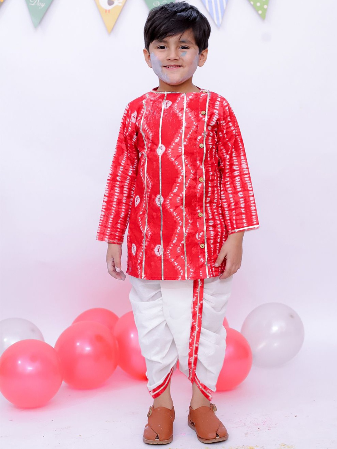 

BownBee Boys Abstract Printed Round Neck Straight Kurta With Dhoti Pants, Red