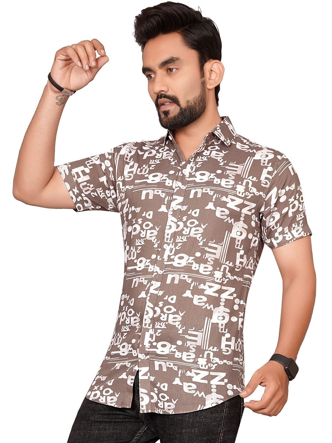 

Metronaut Men Regular Fit Spread Collar Typography Printed Casual Shirt, Coffee brown