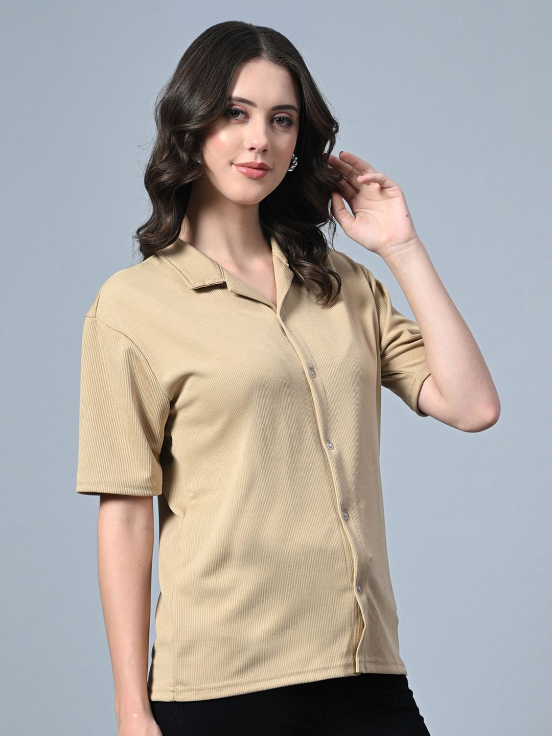 

Moda Rapido Women Cuban Collar Vertical Striped Casual Shirt, Beige