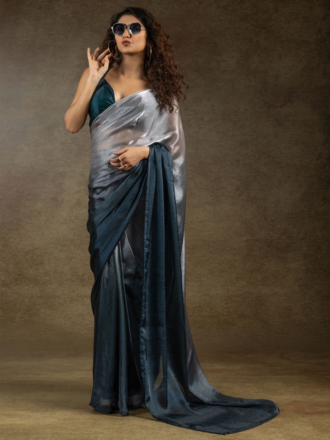 

Saree mall Ombre Satin Ready to Wear Sarees, Silver