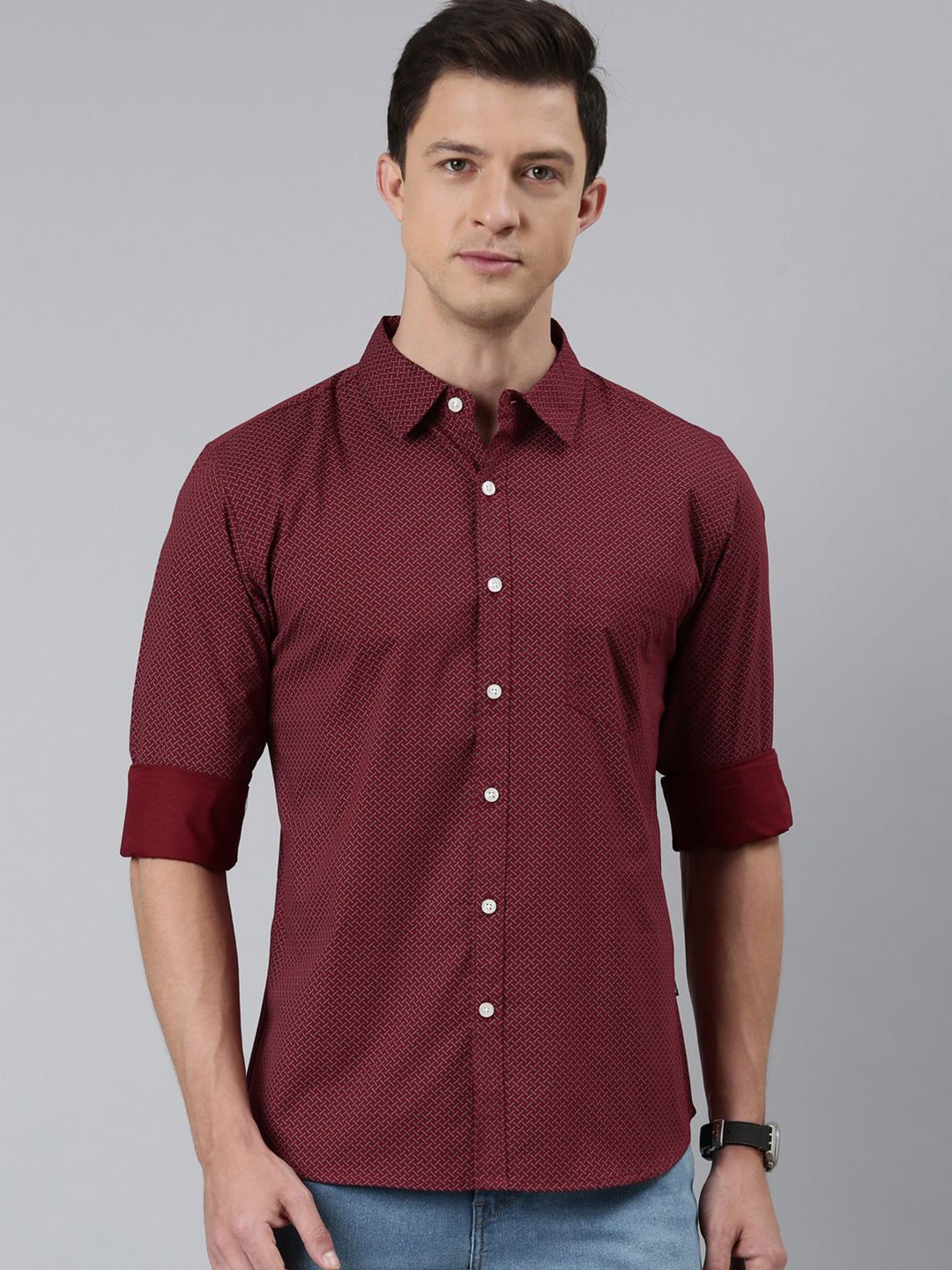 

Provogue Men Opaque Printed Casual Shirt, Maroon