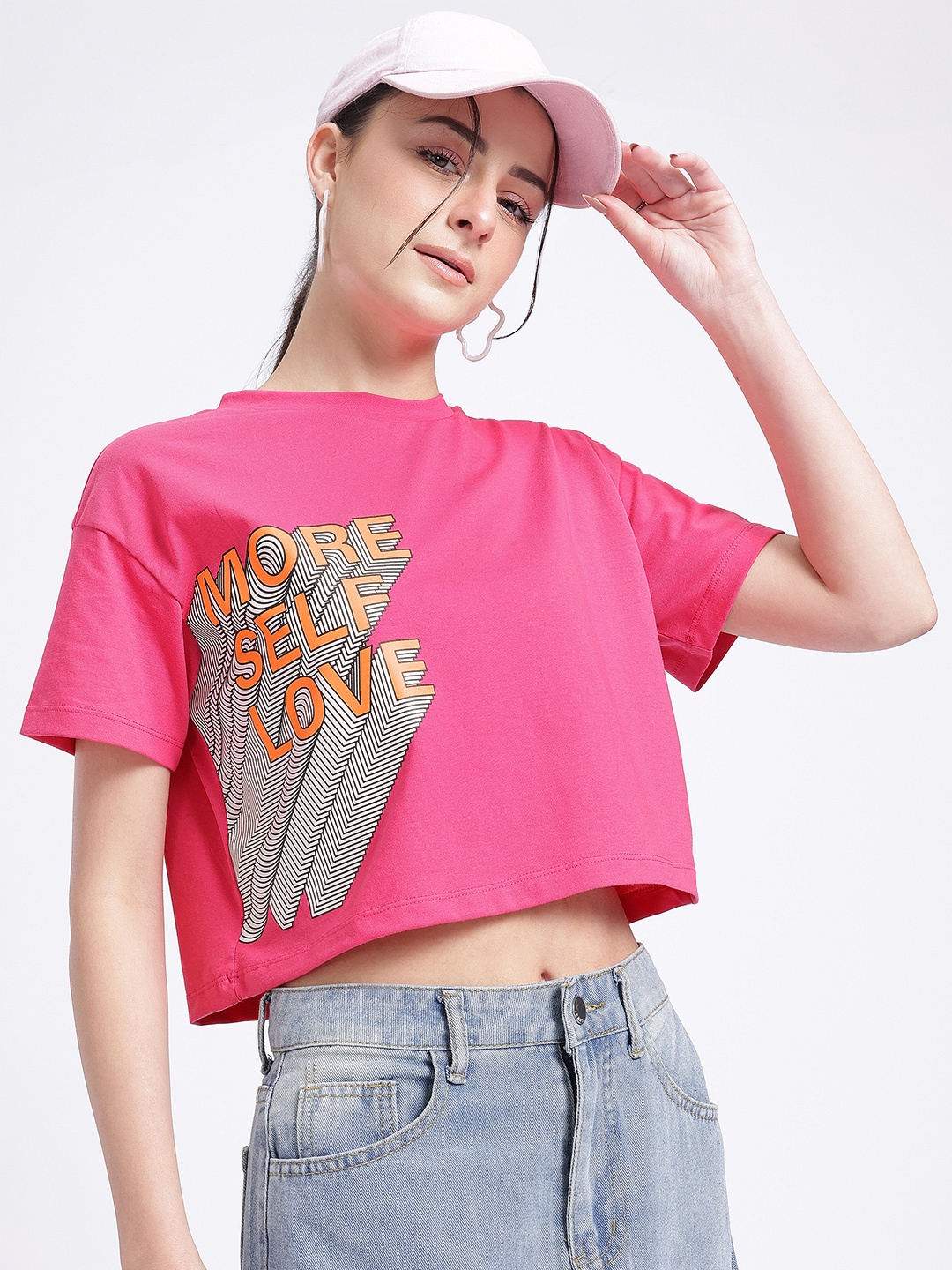 

glitchez Serene Typo Vibes Drop-Shoulder Sleeves Crop Boxy T-shirt, Fuchsia