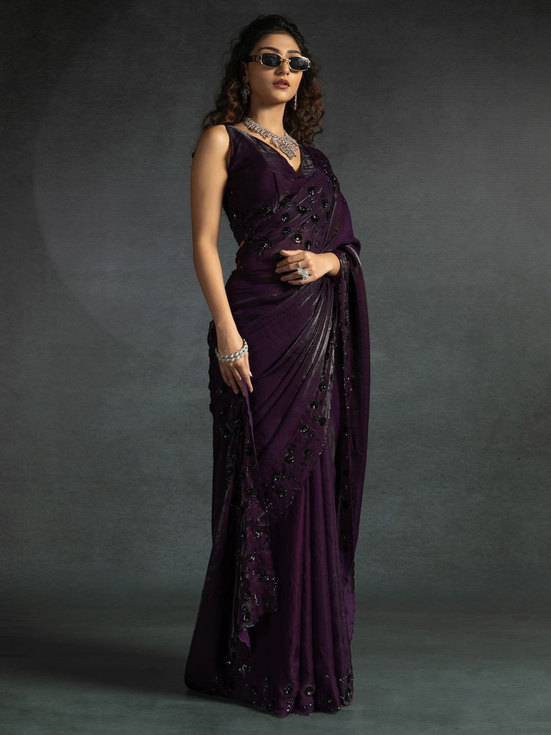 

Saree mall Embellished Sequinned Satin Designer Sarees, Purple