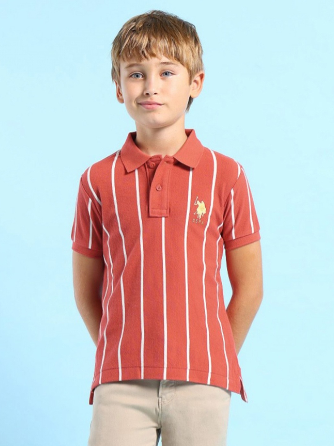 

U.S. Polo Assn. Kids Boys Striped Polo Collar Cotton T-shirt, Rust