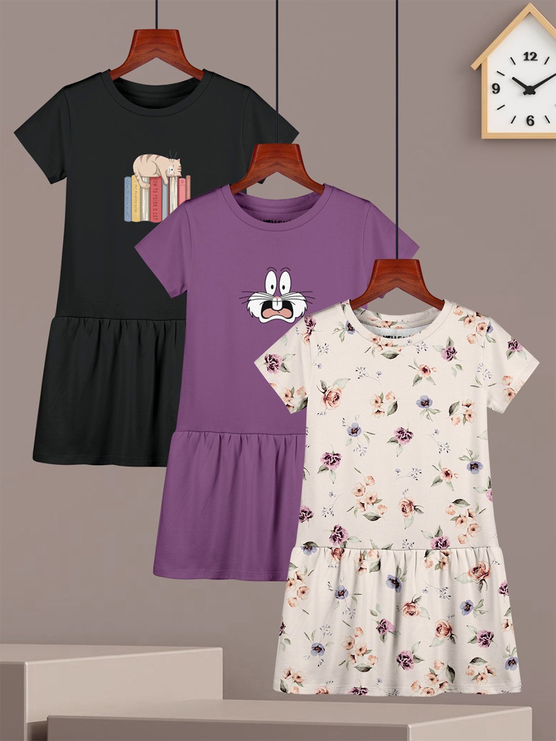 

HELLCAT Pack Of 3 Girls Printed A-Line Dress, Multi