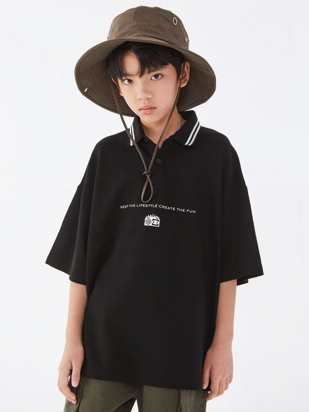 

LULU & SKY Boys Typography Printed Polo Collar Cotton Oversized T-shirt, Black