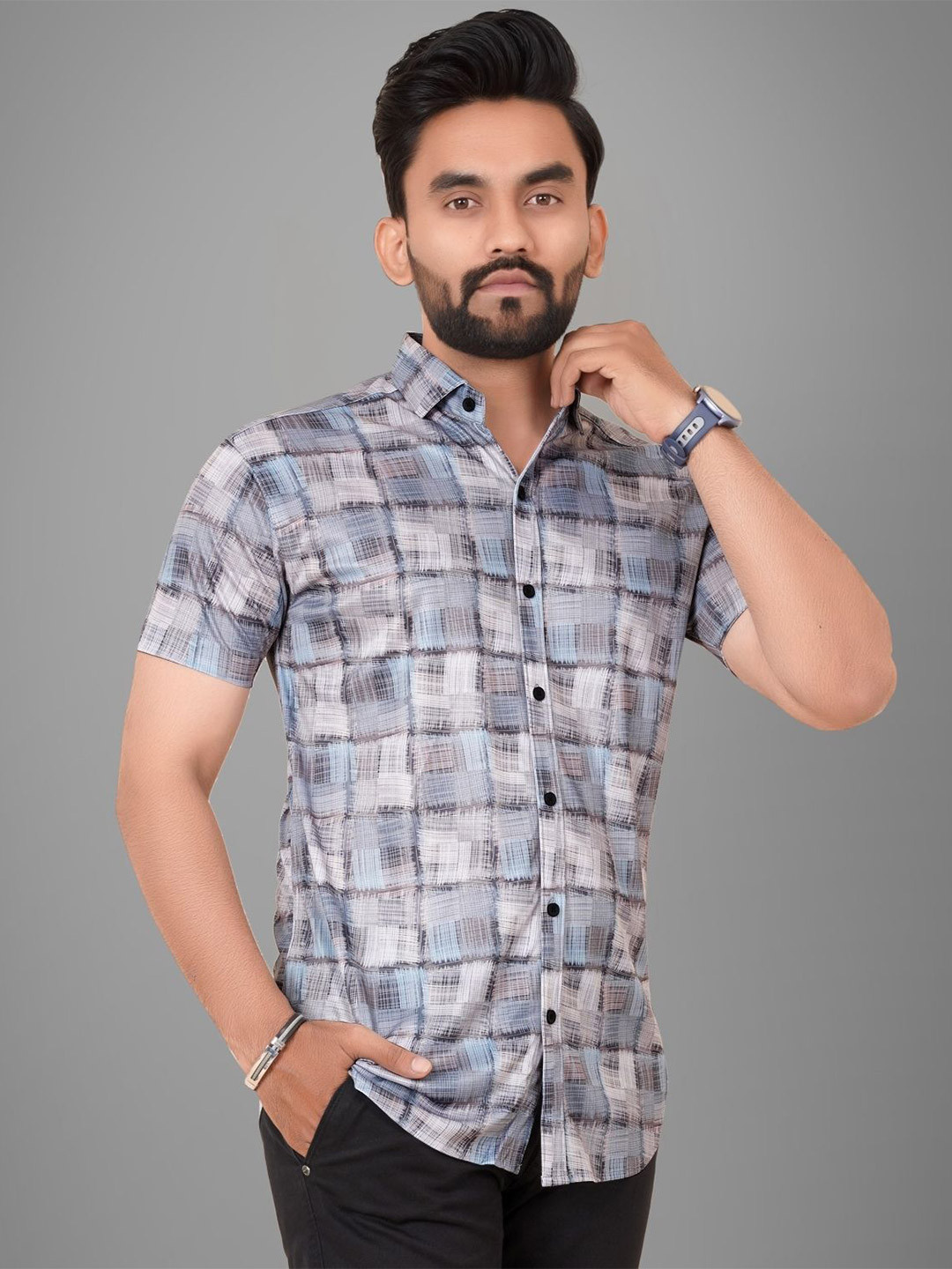 

Metronaut Men Semi Sheer Checked Casual Shirt, Blue