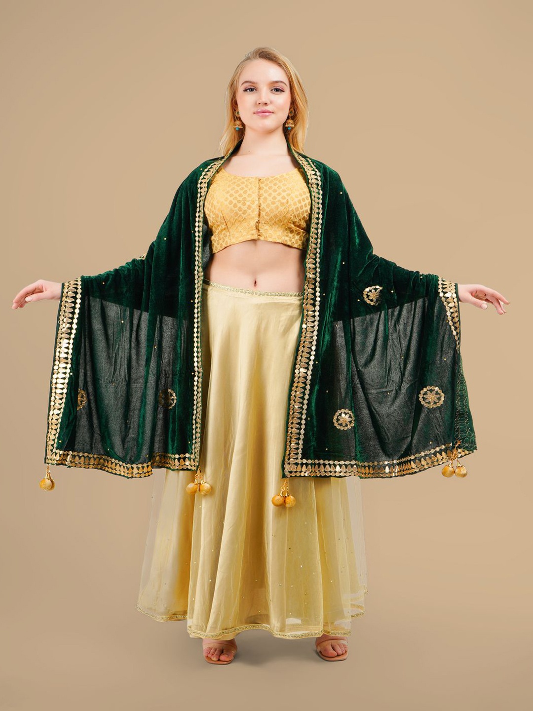 

Karthav Fashion Ethnic Motifs Embroidered Velvet Dupatta With Gotta Patti, Green