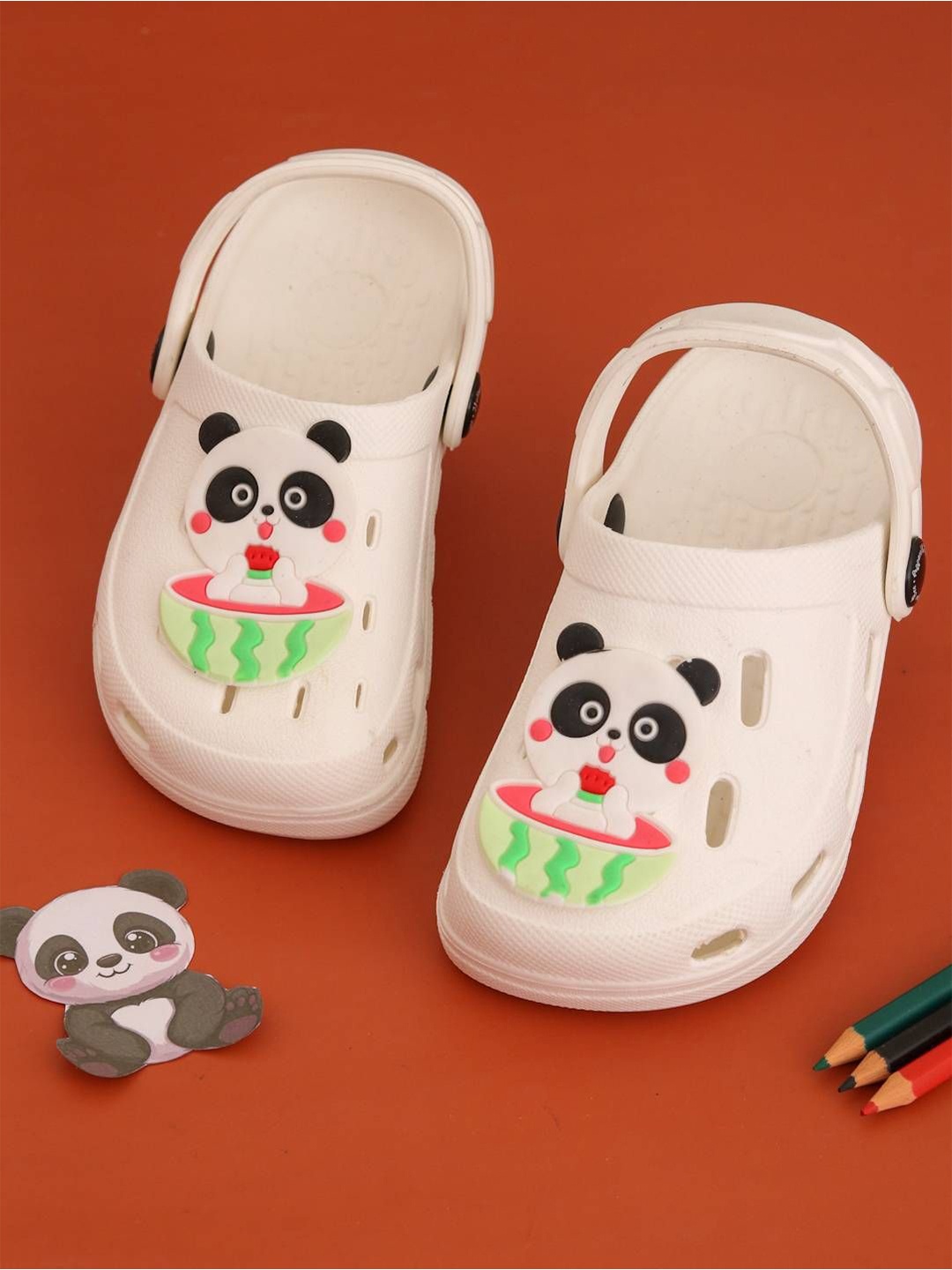 

Yellow Bee Girls Panda & Watermelon Charm Rubber Clogs, White