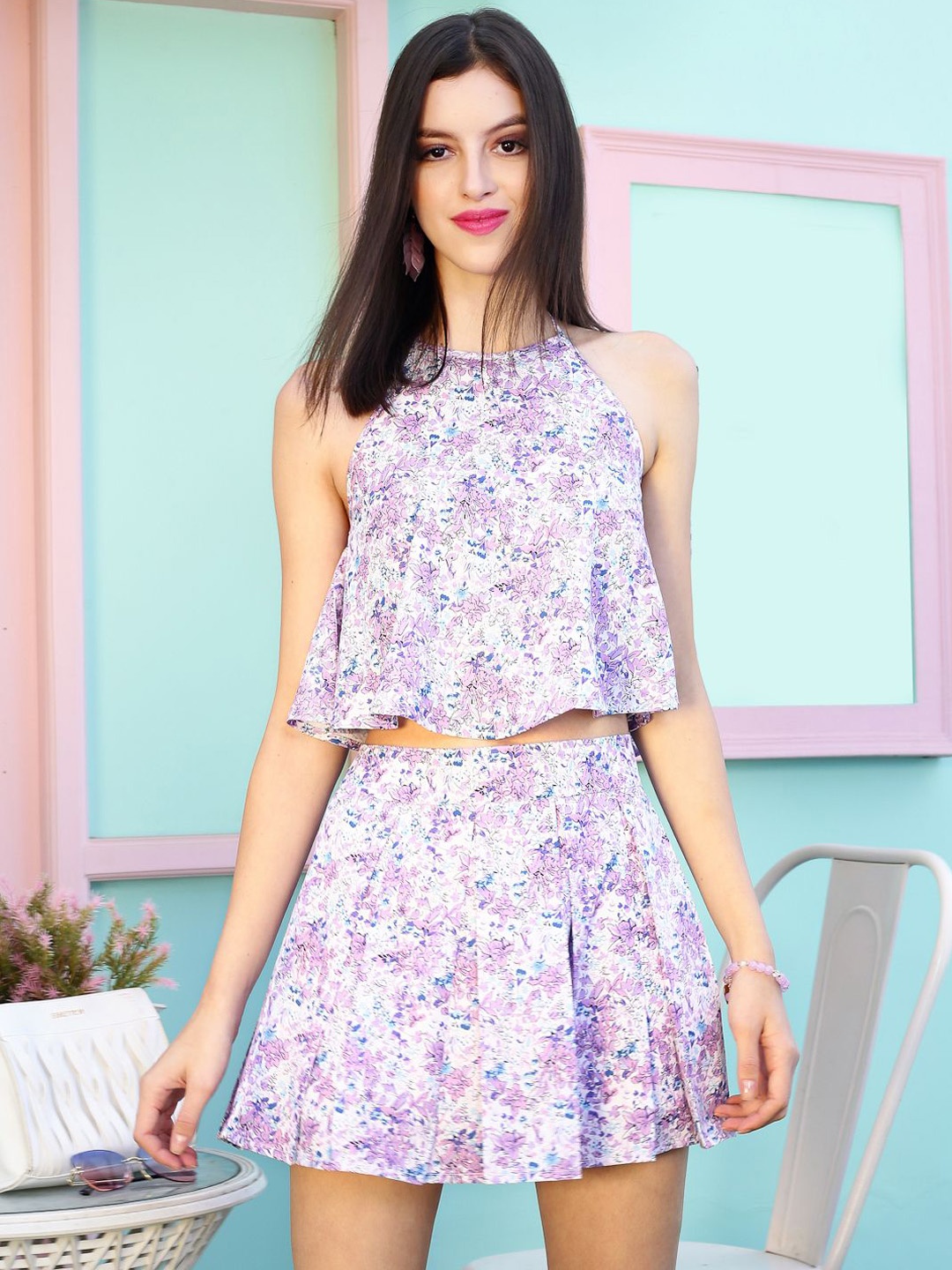 

Sera Floral Printed Halter Neck Top & Skirt, Mauve