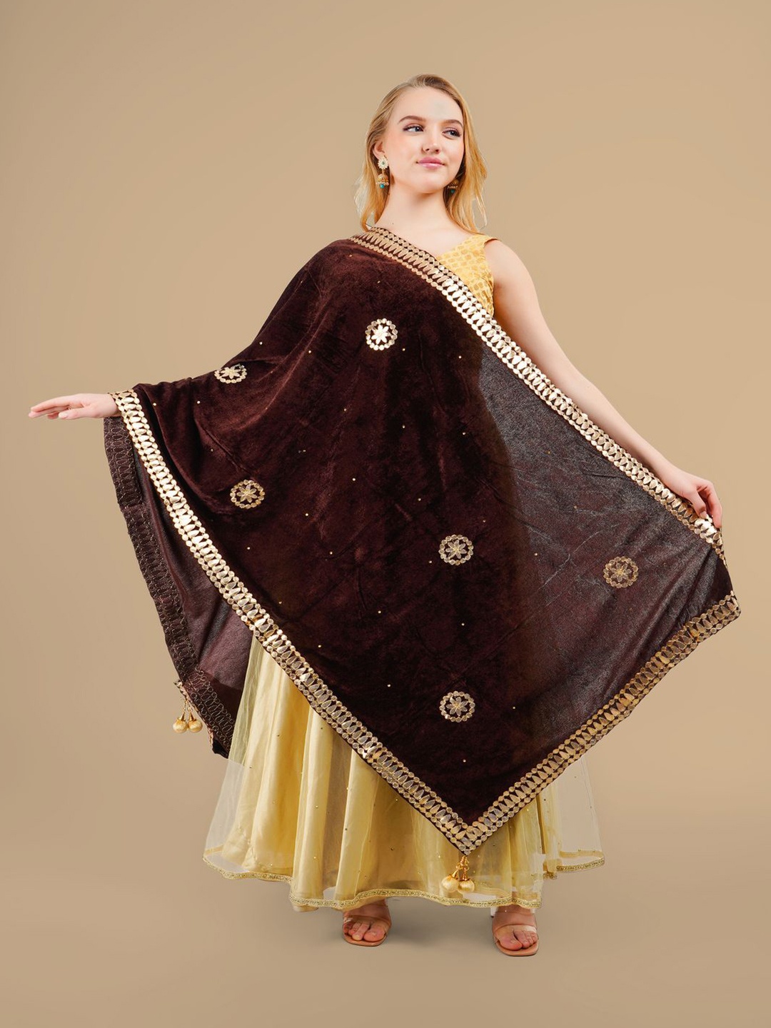 

Karthav Fashion Ethnic Motifs Embroidered Velvet Dupatta With Gotta Patti, Coffee brown
