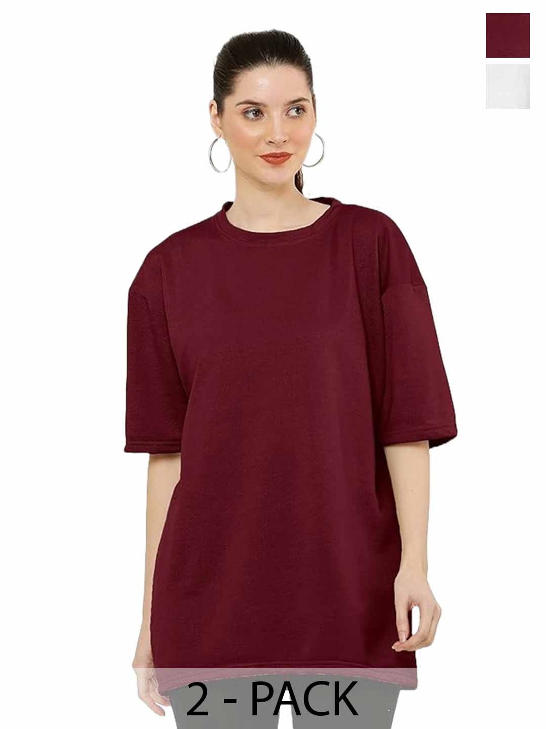

NOTWILD Women Pack Of 2 Solid Round Neck Cotton Oversized T-shirts, Maroon