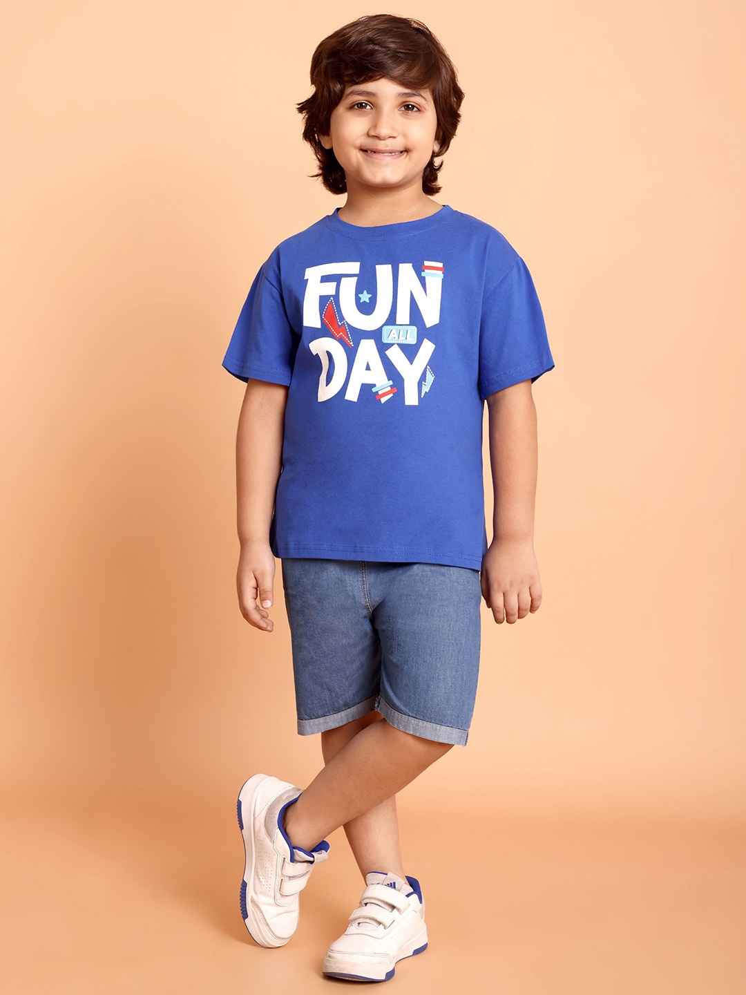 

HERE&NOW Boys Printed Round Neck Pure Cotton T-Shirt With Shorts, Blue
