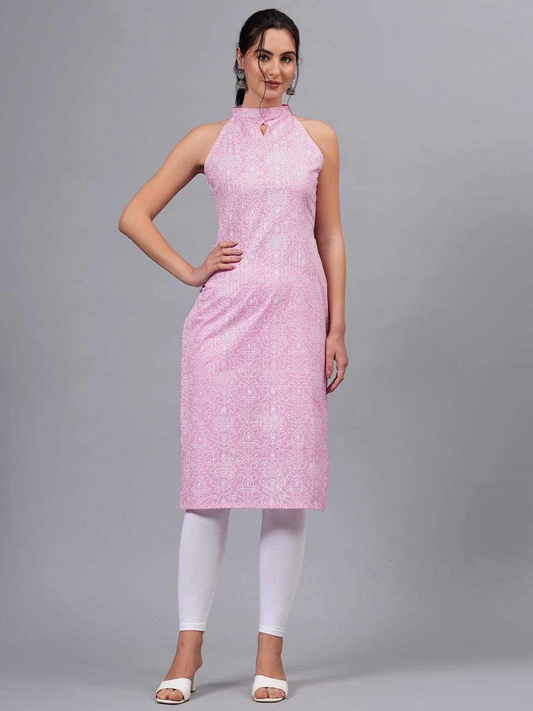 

HIGHLIGHT FASHION EXPORT Bandhani Printed Keyhole Neck Cotton Straight Kurta, Pink