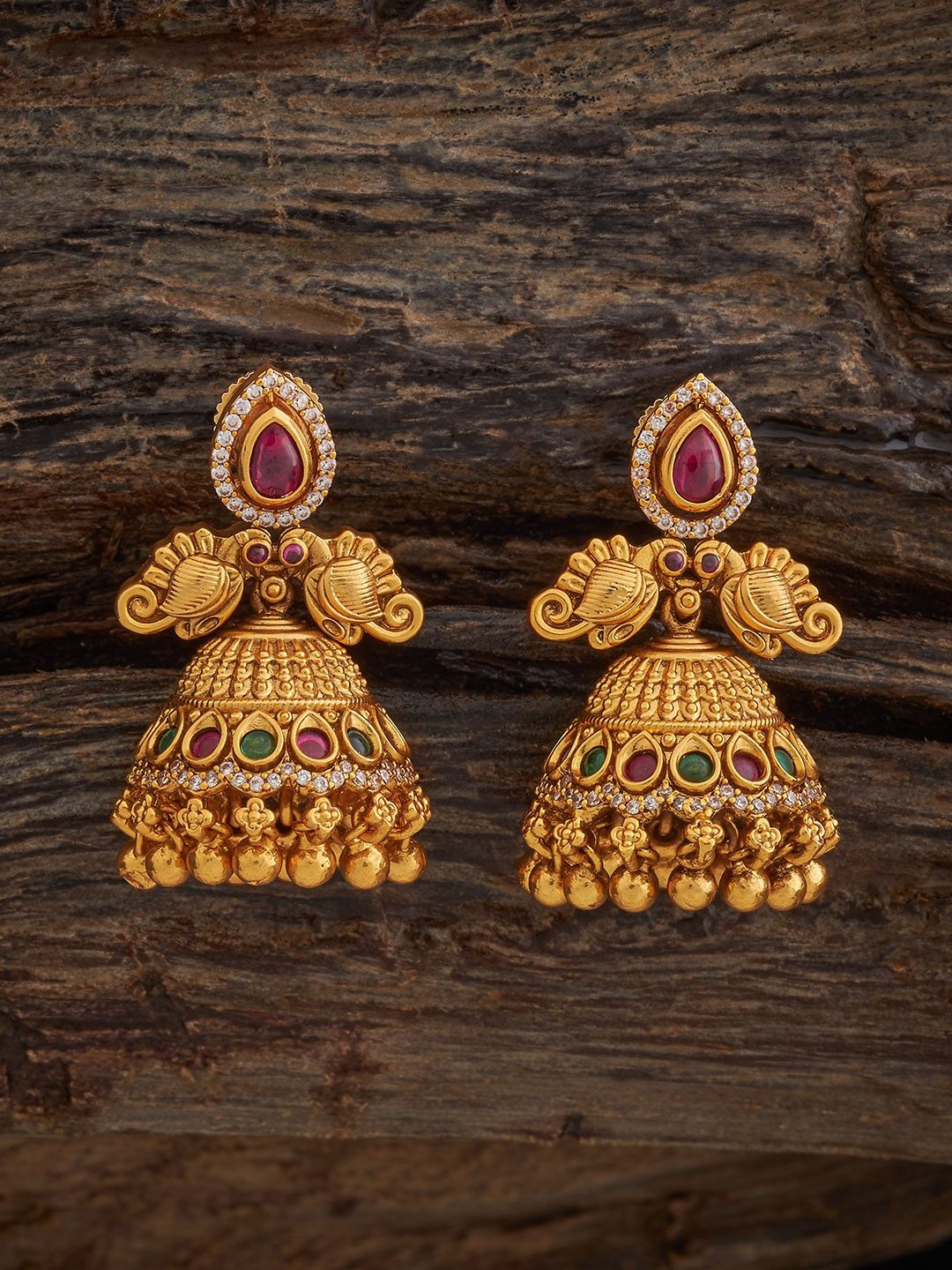 

Kushal's Fashion Jewellery Gold-Plated Dome Shaped Stone Studded & Beaded Jhumkas