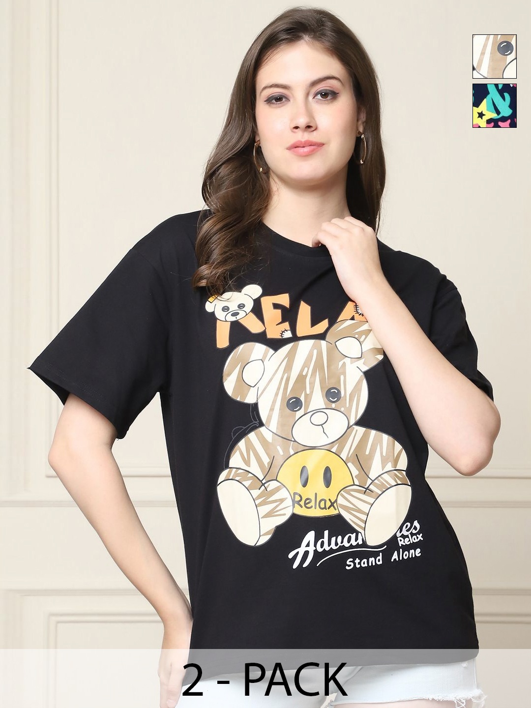 

Dreambe Women Pack Of 2 Graphic Printed Round Neck Cotton Oversized T-shirts, Black