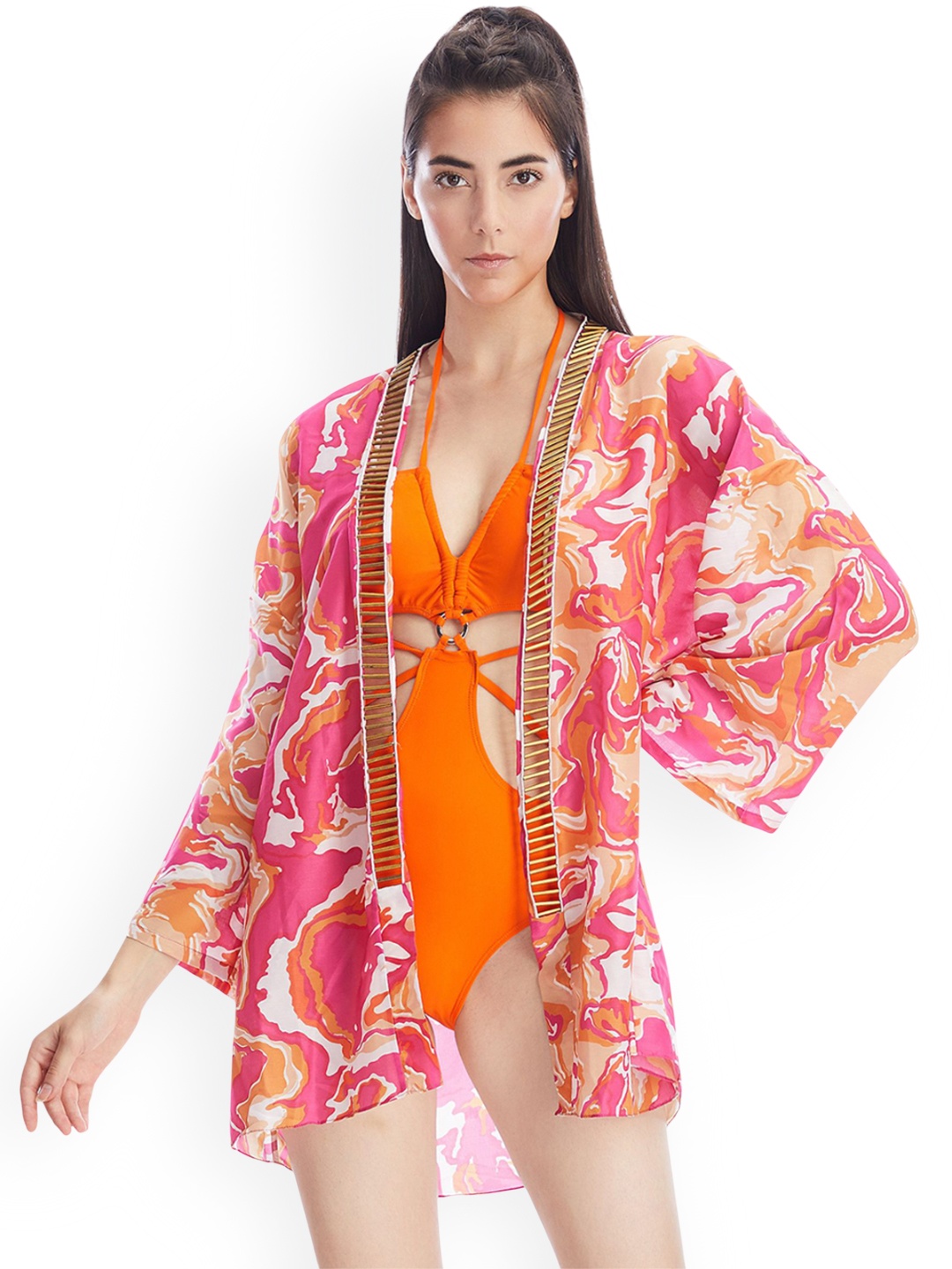 

KAI RESORTWEAR Abstract Printed Cover Up Top, Orange