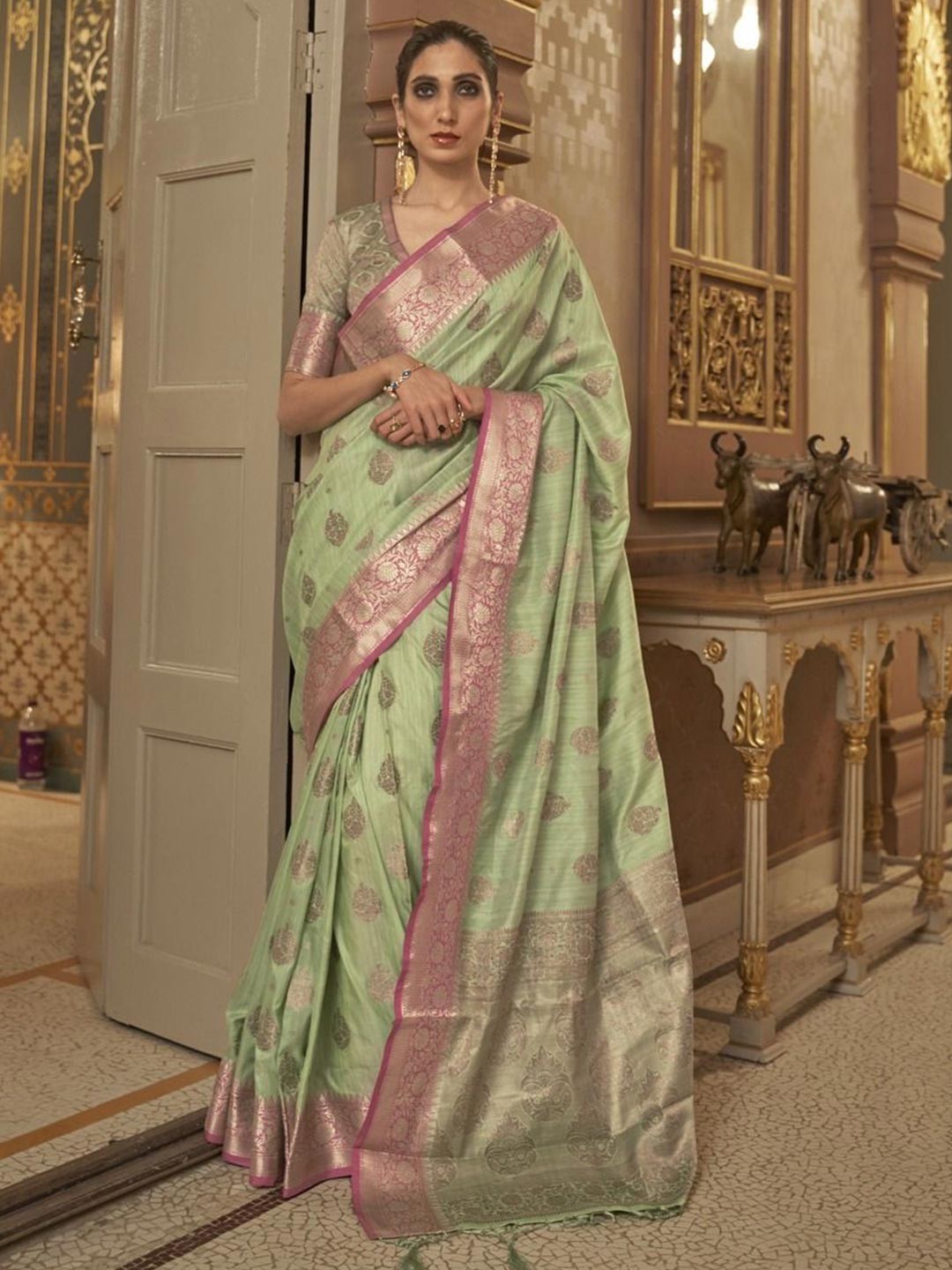 

Anouk Woven Design Zari Silk Blend Banarasi Saree, Sea green