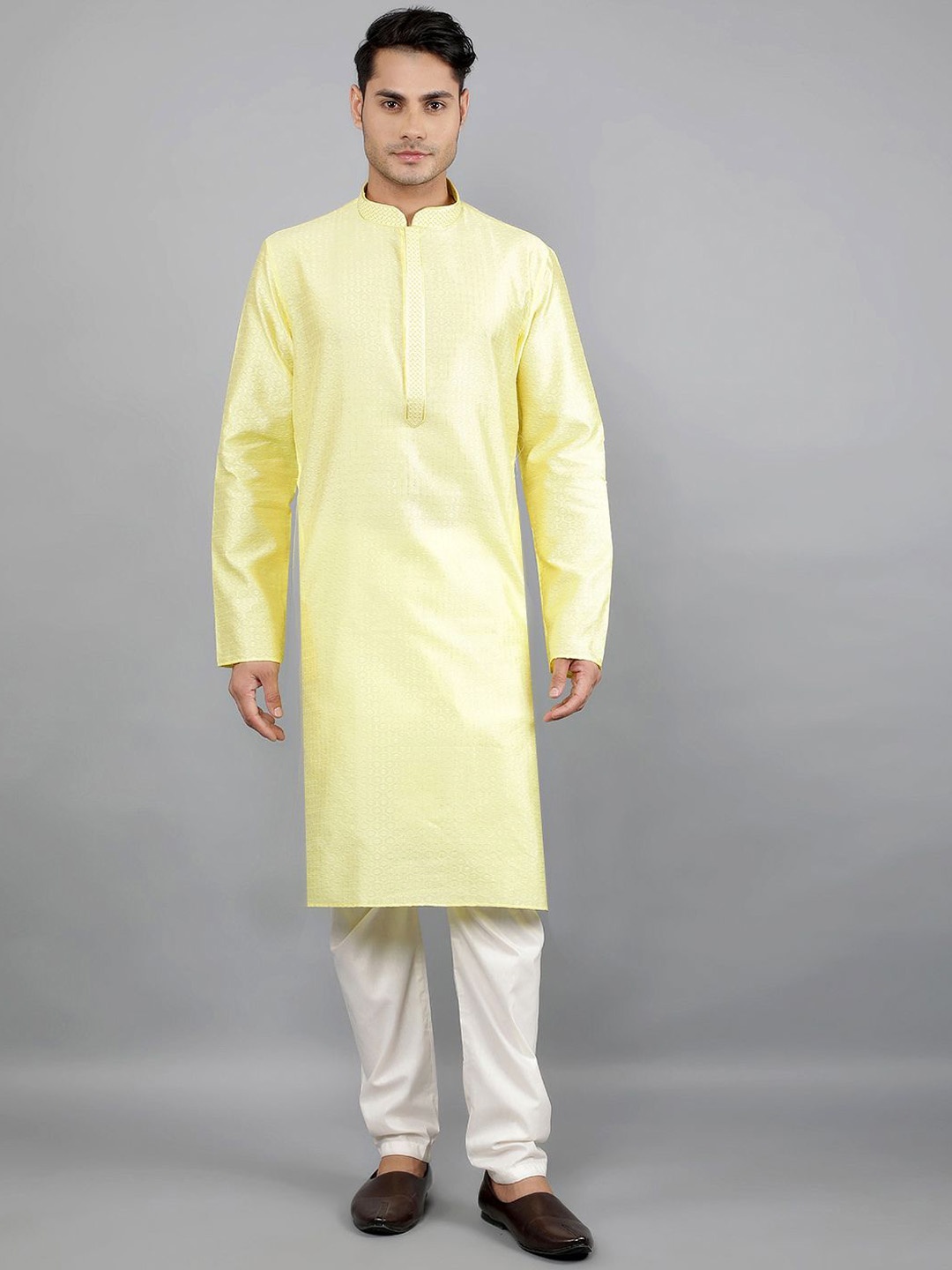 

Manish Creations Woven Design Mandarin Collar Jacquard Straight Kurta With Churidar, Yellow