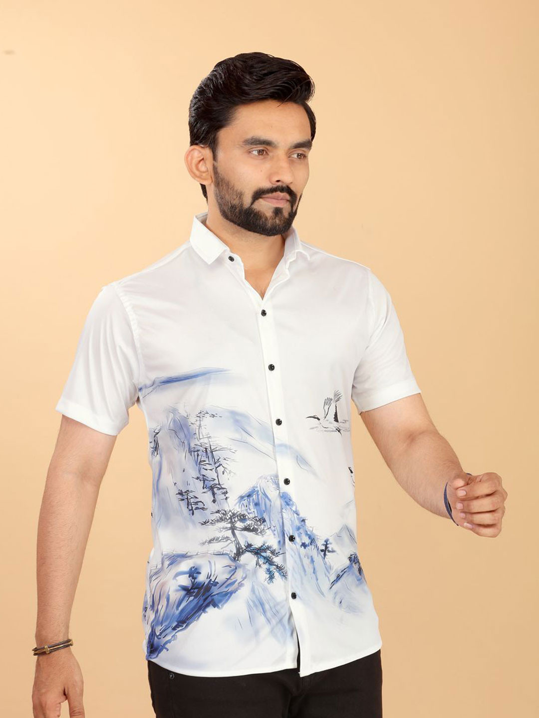 

Metronaut Men Standard Regular Fit Spread Collar Graphic Printed Elastane Casual Shirt, White