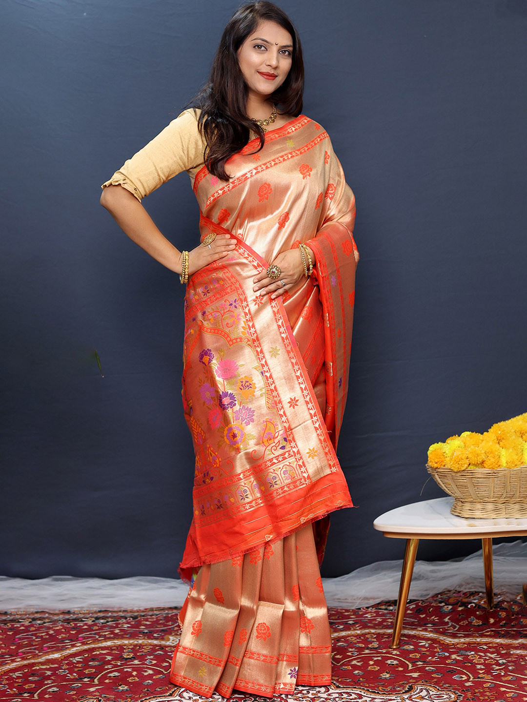 

Kandora Woven Design Zari Pure Silk Paithani Saree, Red