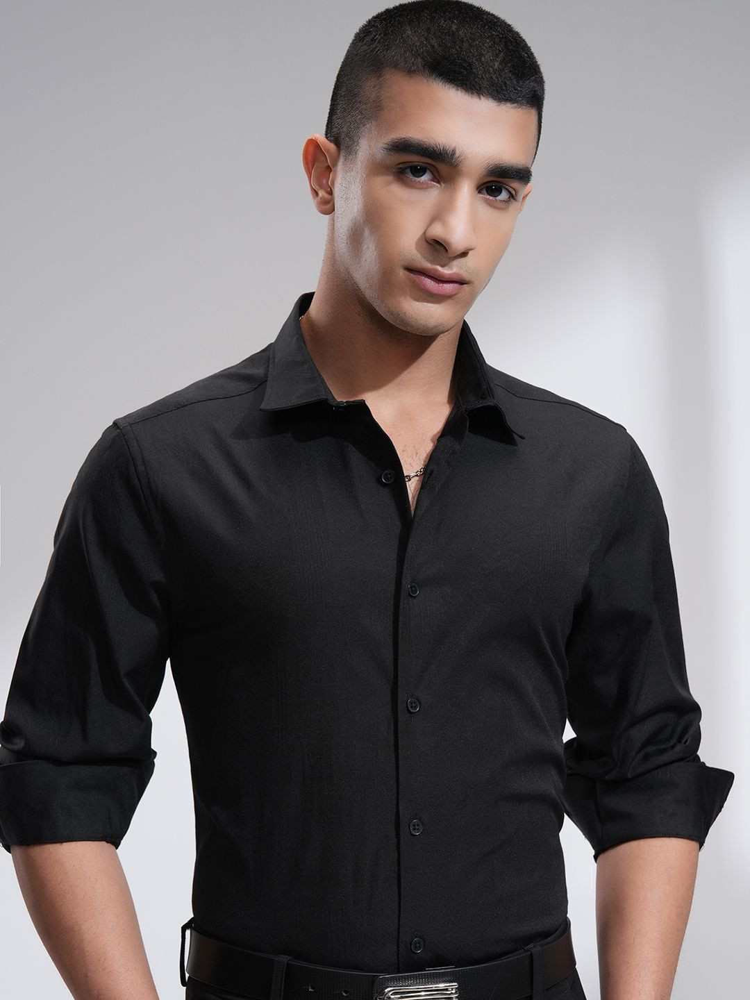 

HIGHLANDER Men Jacquard Textured Solid Evening Occaasion Shirt, Black