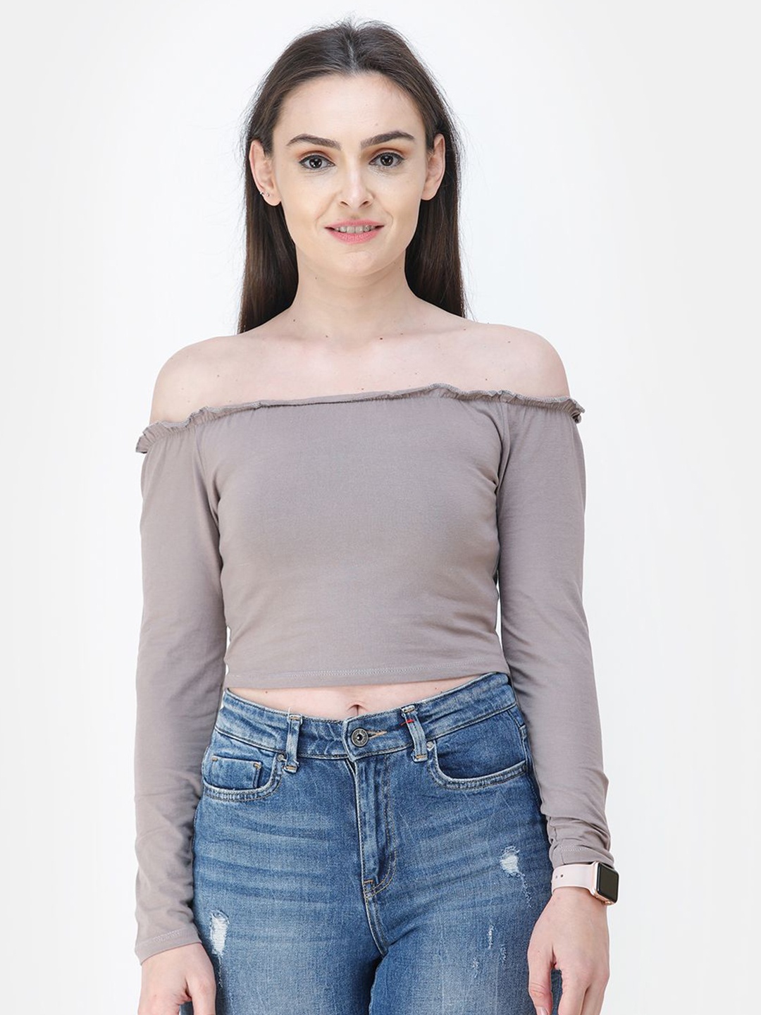 

Moda Rapido Women Solid Off-Shoulder Cotton Top, Grey