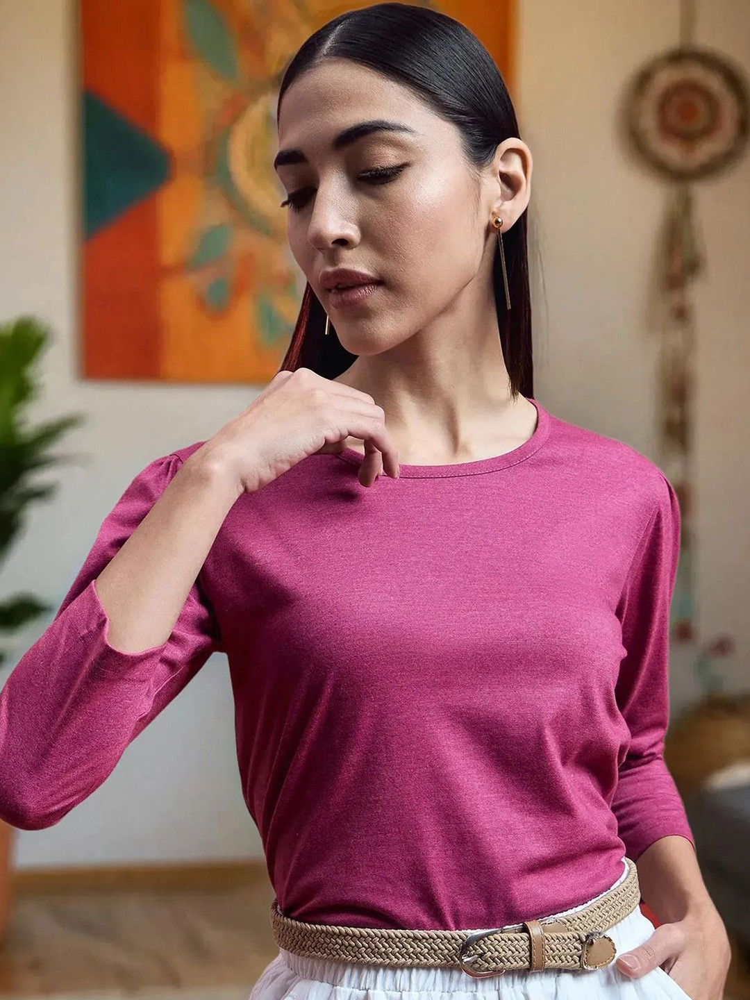 

ANJIR Girls Solid Pink Round Neck Cotton Top
