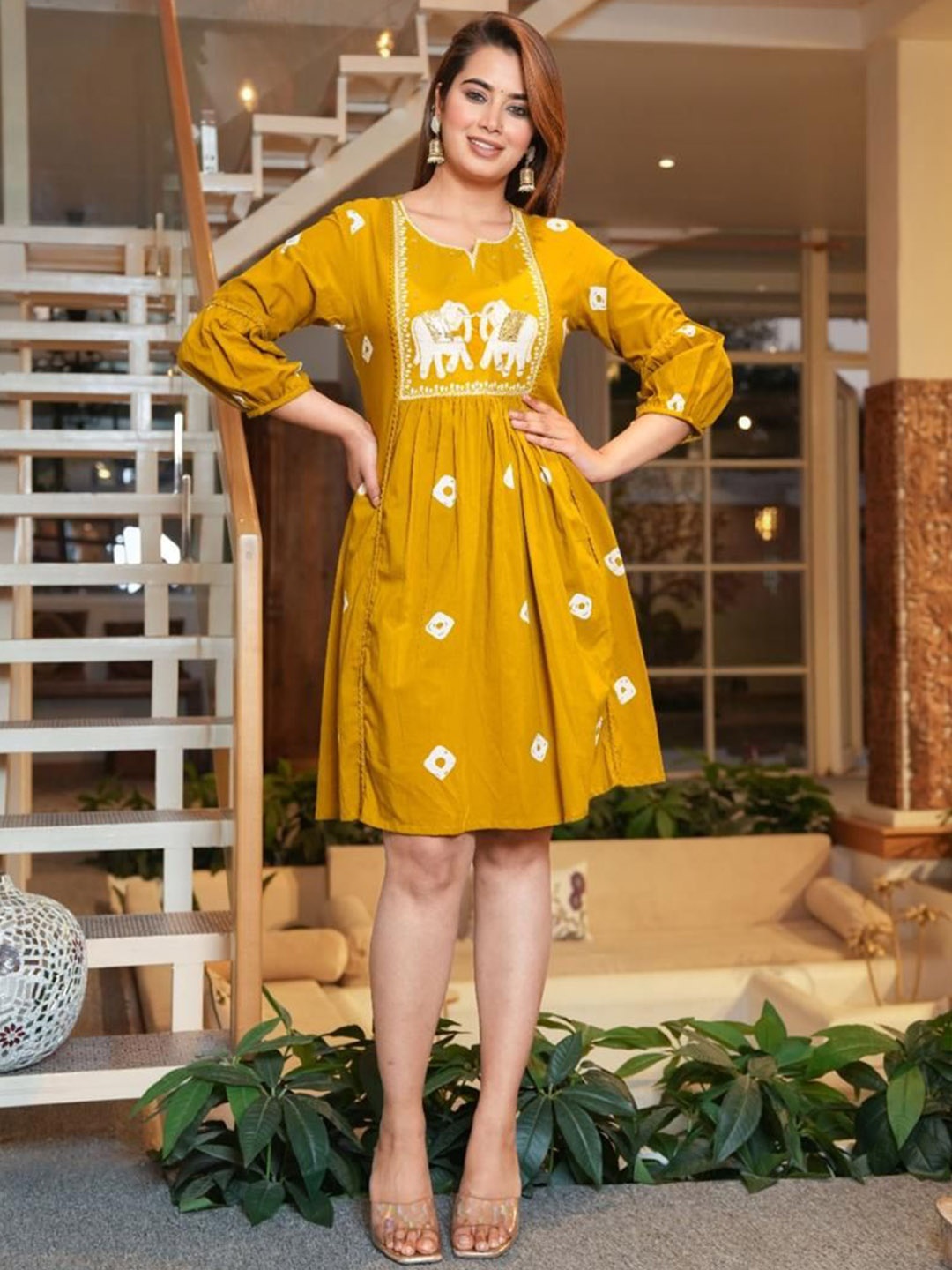 

KALINI Ethnic Motifs Embroidered Notch Neck Cotton A-Line Dress, Yellow