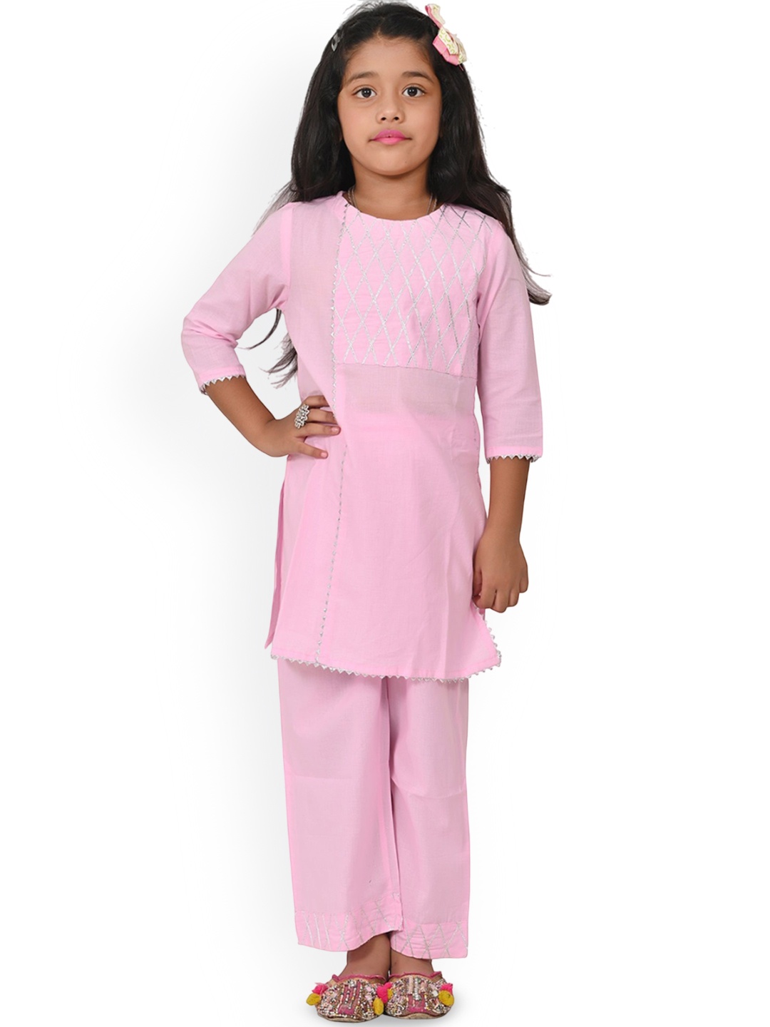 

Megha Overseas Girls Yoke Design Round Neck Gotta Patti Kurta With Trousers, Pink