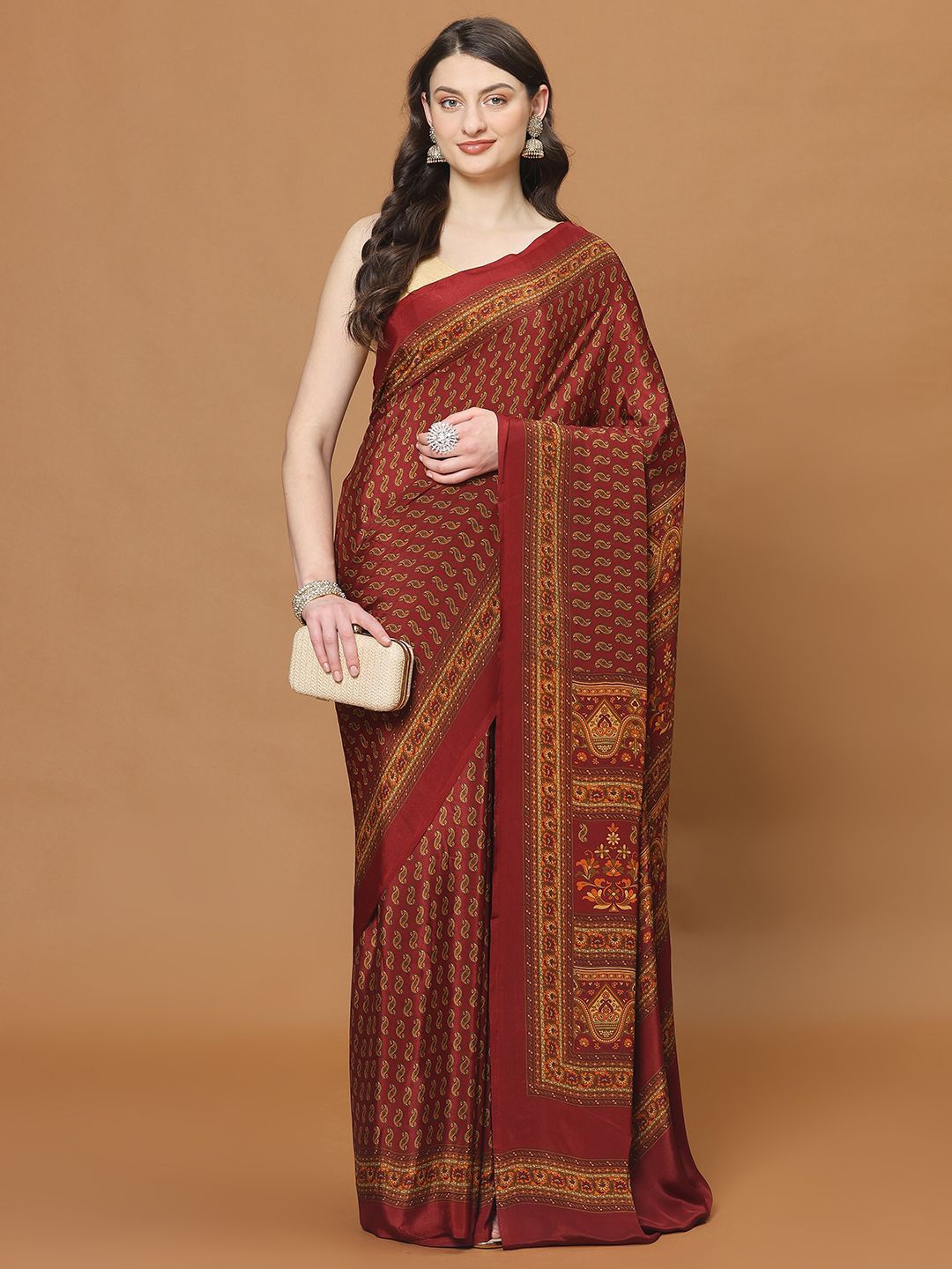 

Meena Bazaar Paisley Poly Crepe Saree, Maroon