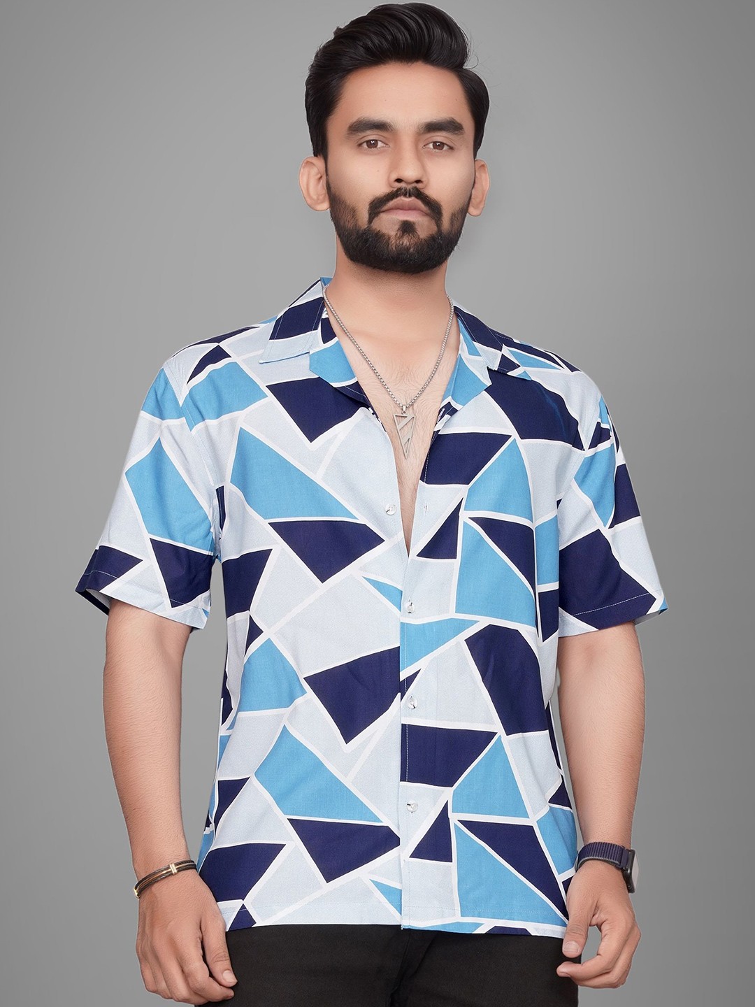 

Metronaut Men Regular Fit Cuban Collar Abstract Printed Casual Shirt, Blue
