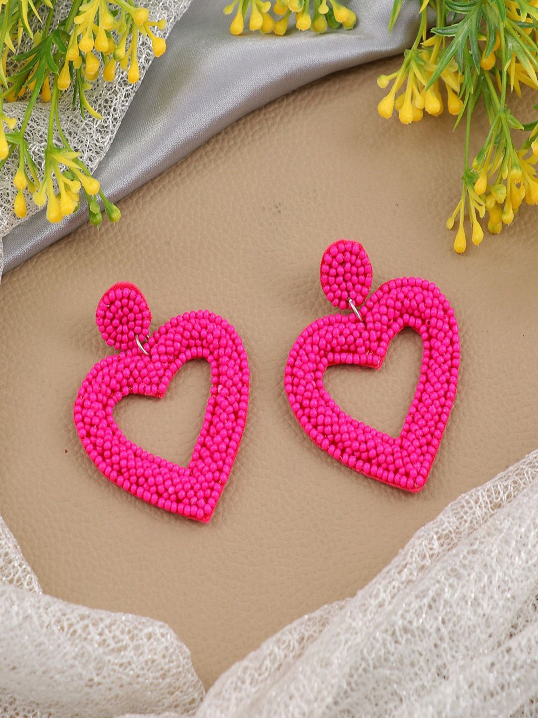 

DressBerry Gold-Plated Artificial Beaded Heart Shaped Drop Earrings, Pink