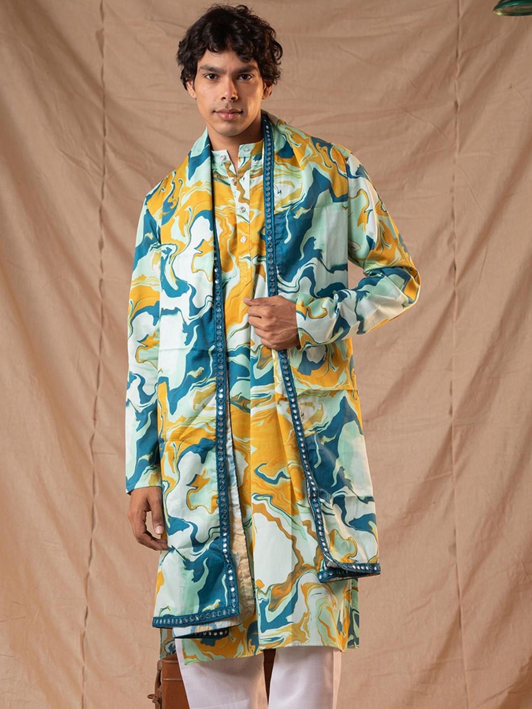 

5 Stitch Quirky Printed Band Collar Straight Kurta With Pyjamas And Dupatta, Green