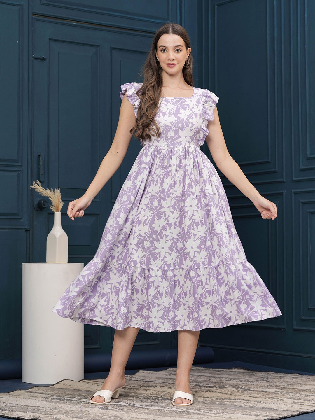 

GLAMALUE Floral Print Flutter Sleeve Crepe Fit and Flare Midi Dress, Purple