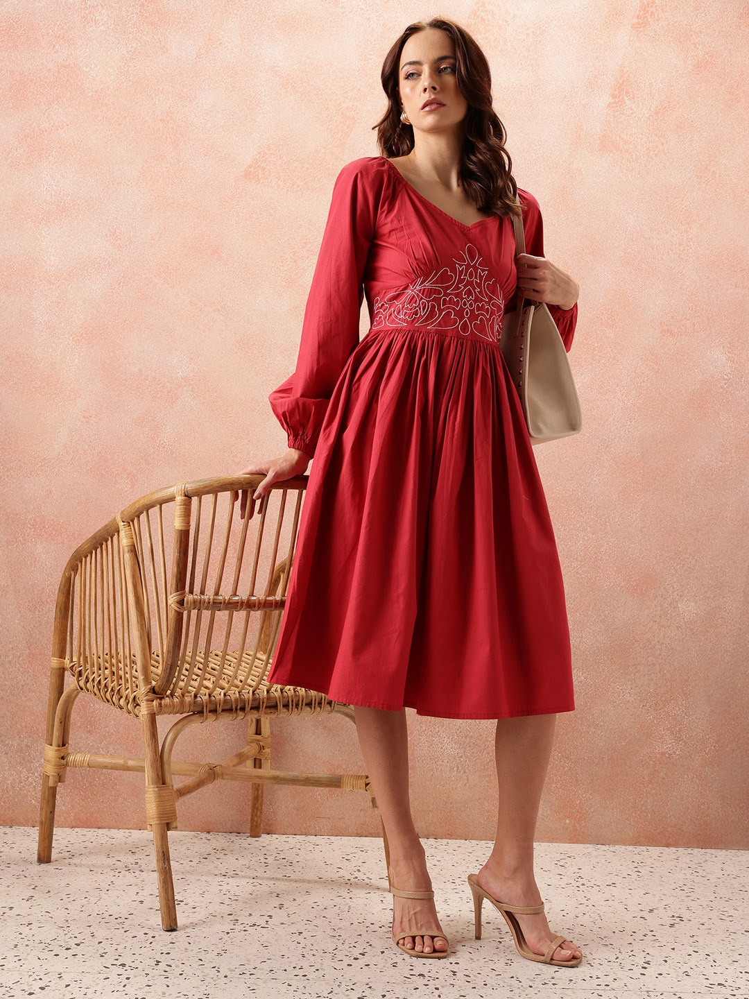 

all about you Embroidered Cotton Dress, Red